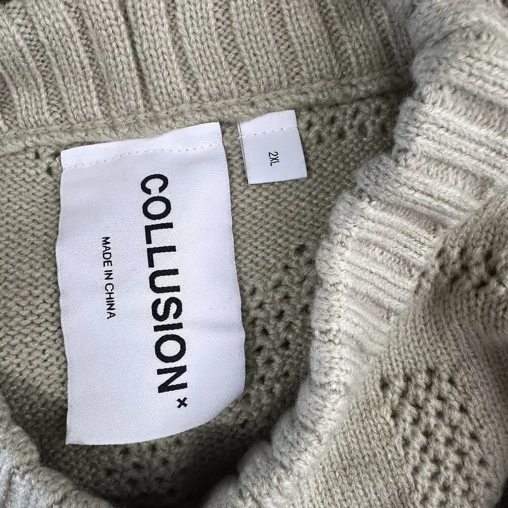 collusion Beige logo Open knit raw hem Pullover sweater 2XL - Picture 4 of 6